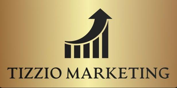 Tizzio Marketing logo with a rising graph icon on a gold background.